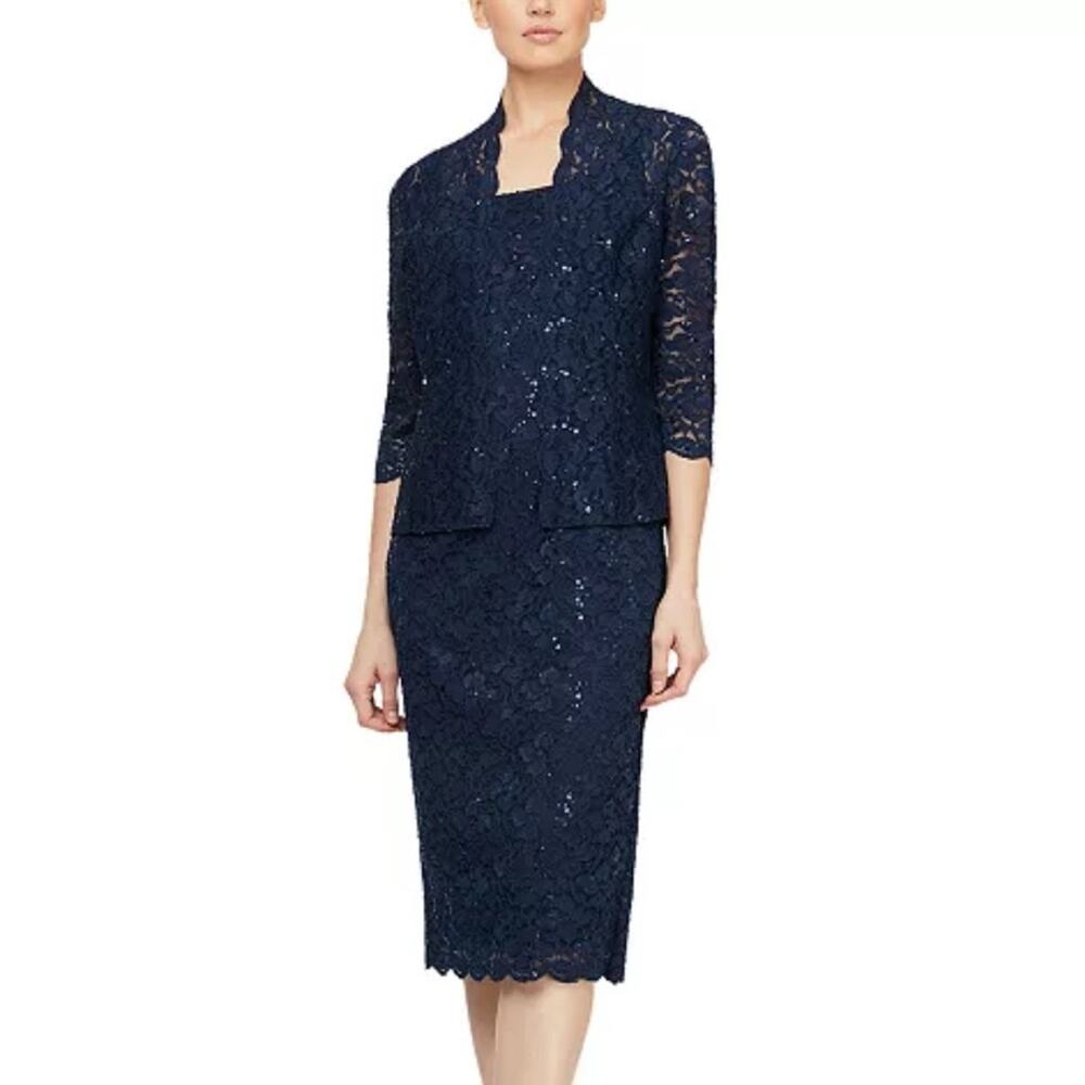 SLNY Jacket Dress 2 Piece Sheath Navy Blue Stretch Lace Women’s Size 14